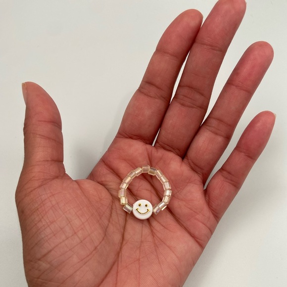 Handmade Trendy Y2K Inspired Smiley Face Glass Bead Stackable Stretch Ring - Picture 4 of 5